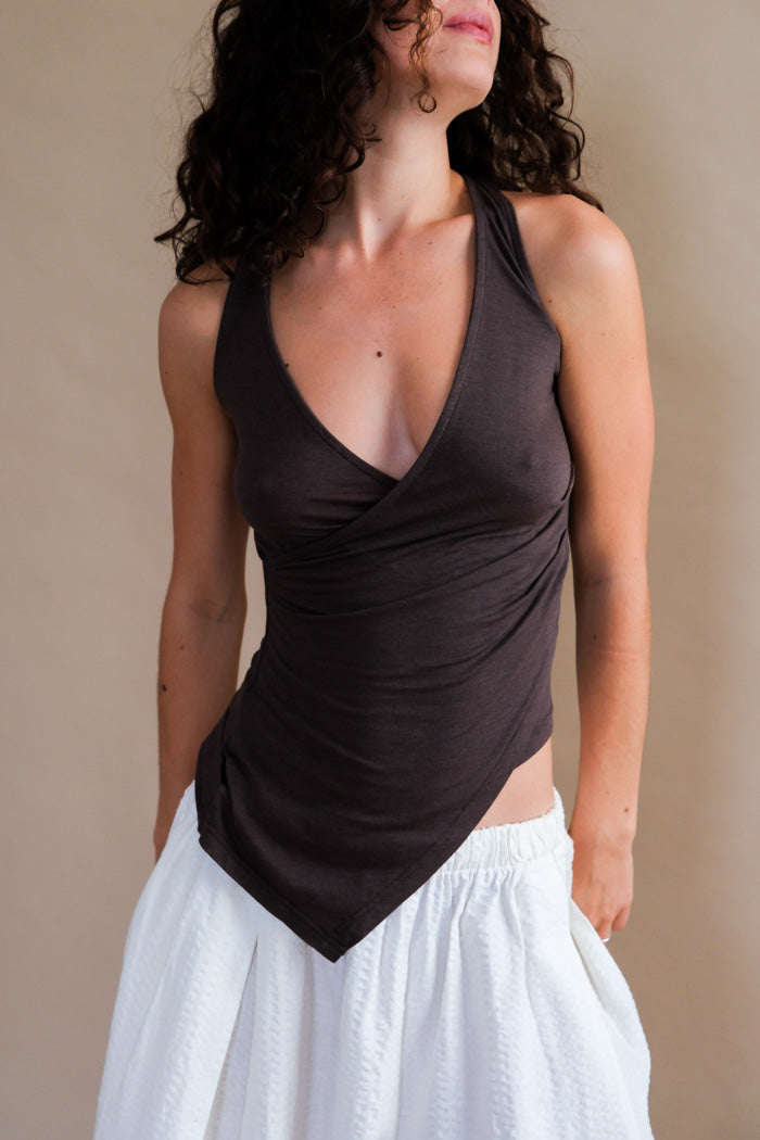 Geel Layla ash grey lightweight asymmetrical tank top featuring wrap bodice AND ROW