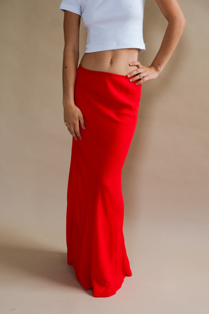 Shani bias cut 90's inspired slip skirt red tube midi dress | Pipe and Row