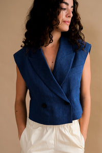 Blossom collared cropped Call vest blue denim shoulder pads | PIPE AND ROW