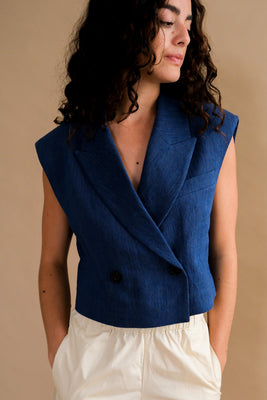 Blossom collared cropped Call vest blue denim shoulder pads | PIPE AND ROW