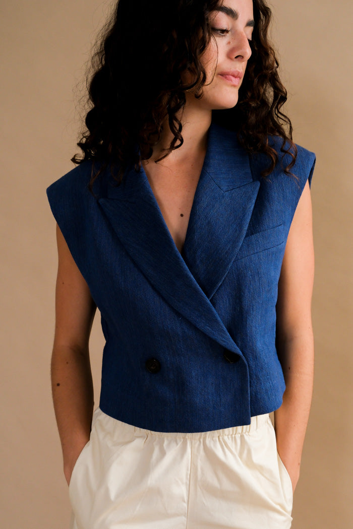 Blossom collared cropped Call vest blue denim shoulder pads | PIPE AND ROW