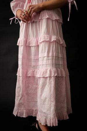Damson Madder pink Rebbeca bow back ruffle maxi dress | Pipe and Row