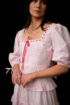 Damson Madder pink Rebbeca bow back ruffle maxi dress | Pipe and Row