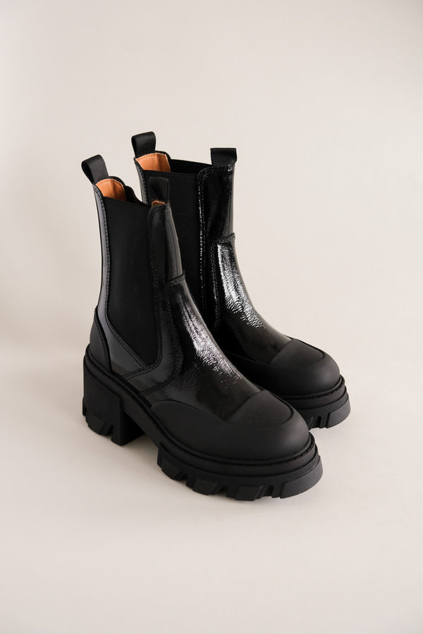 Ganni cleated mid Chelsea boots black patent leather | Pipe and Row ...