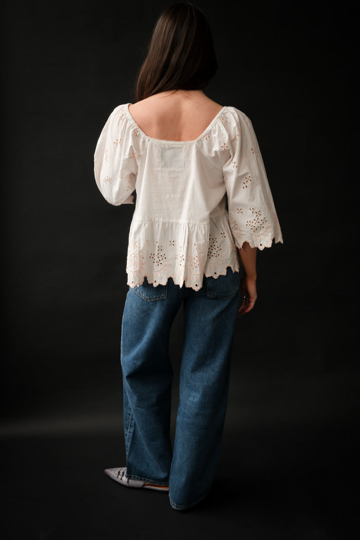 Damson Madder Lana blouse white blouse eylet tie pink embroidery shirt | Pipe and Row