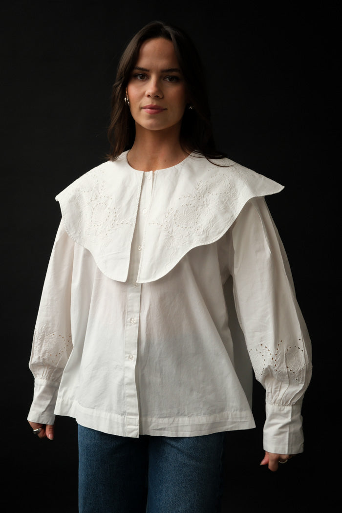 Damson Madder white Romeo shirt oversized eyelet embroidered wavy edge collar full cuffed sleeves | Pipe and Row