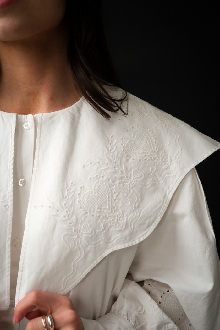 Damson Madder white Romeo shirt oversized eyelet embroidered wavy edge collar full cuffed sleeves | Pipe and Row