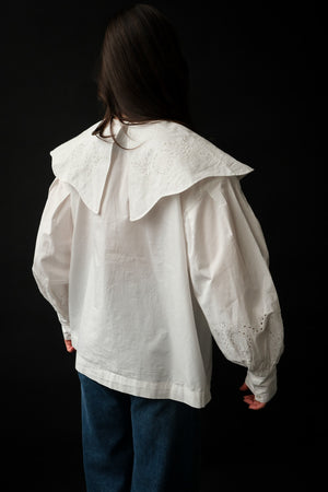 Damson Madder white Romeo shirt oversized eyelet embroidered wavy edge collar full cuffed sleeves | Pipe and Row