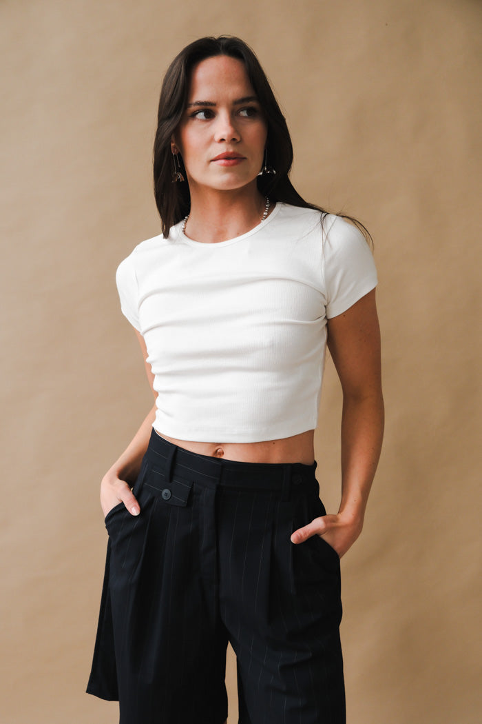 Agolde Savannah cropped ribbed tight white baby tee | PIPE AND ROW