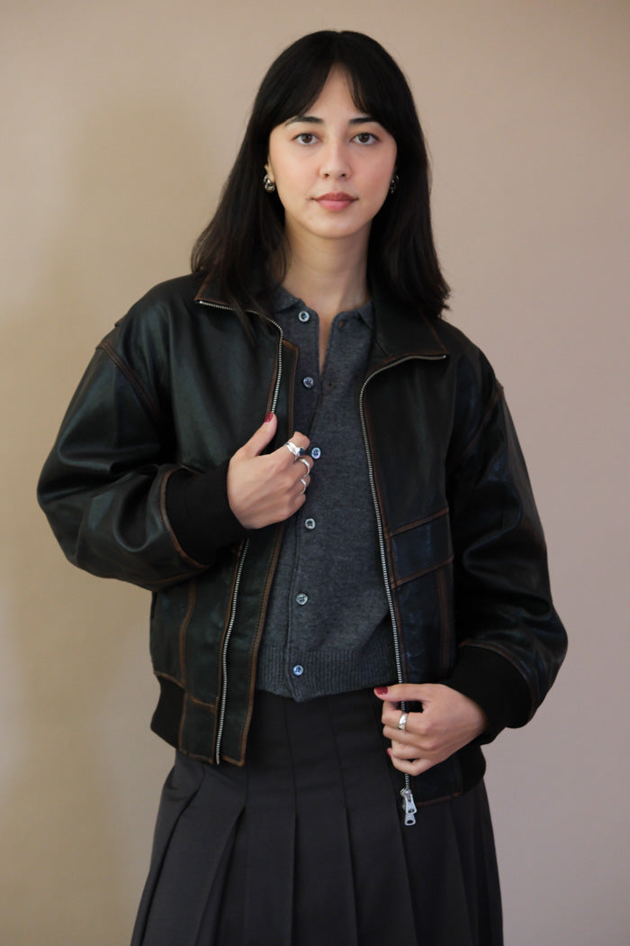UNISEX STAND COLLARED LEATHER BLOUSON