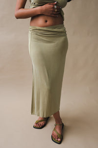 Alohas Tutu skirt khaki green soft stretchy cupro fabric | Pipe and Row