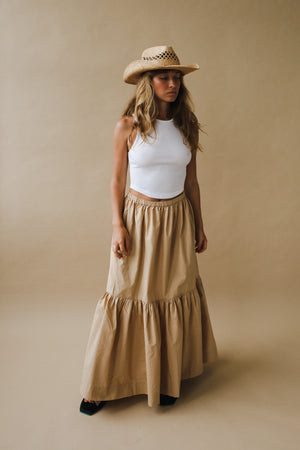 Ganni cotton poplin maxi flounce skirt curds khaki | F8187 PIPE AND ROW