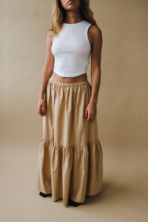 Ganni cotton poplin maxi flounce skirt curds khaki | F8187 PIPE AND ROW