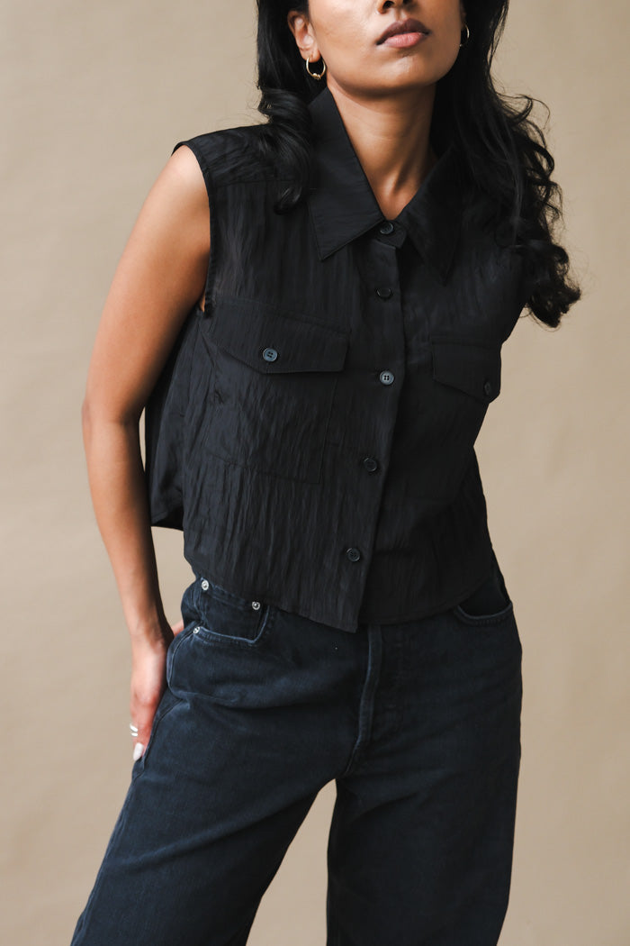 Blossom black Jenny sleeveless button up shirt with a slight sheen | PIPE AND ROW