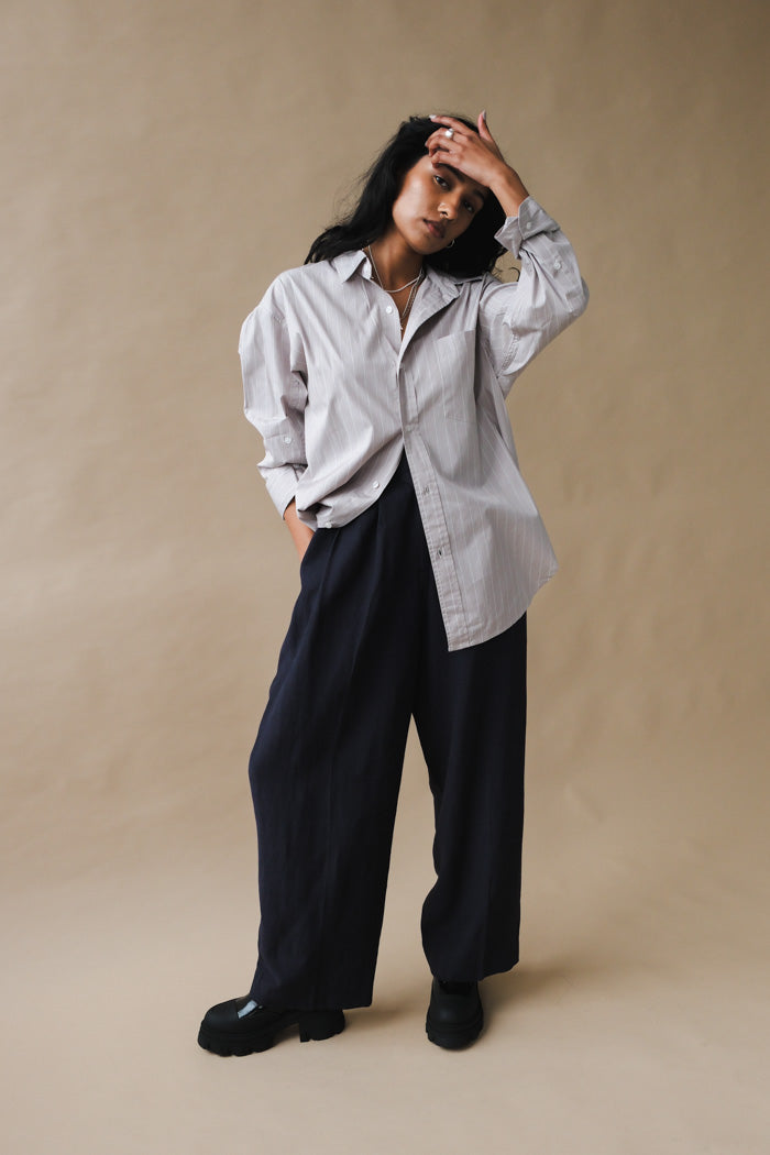 Mijeong Park linen wide leg pants navy elasticated waistband | Pipe and Row