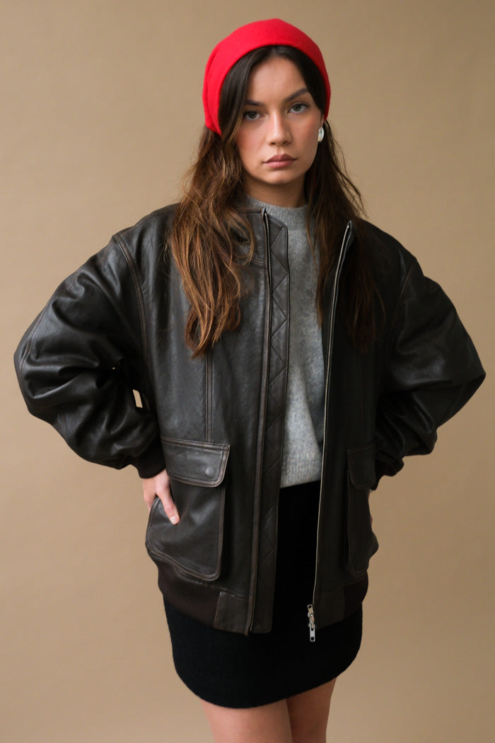 UNISEX STAND COLLARED LEATHER BLOUSON