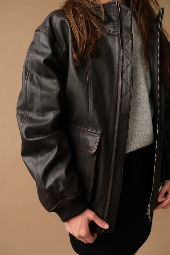 UNISEX STAND COLLARED LEATHER BLOUSON