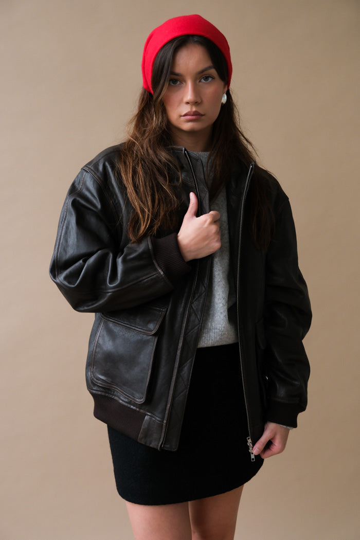UNISEX STAND COLLARED LEATHER BLOUSON