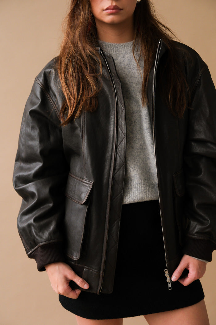 UNISEX STAND COLLARED LEATHER BLOUSON