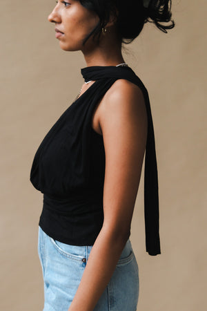 Geel Bella scarf tank top soft black jersey draped layered | PIPE AND ROW