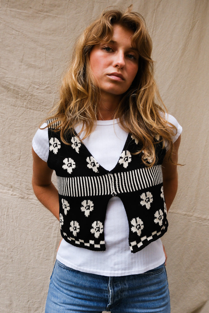 Tach Loreza knit tank top in black and white jaquard floral PIPE AND ROW