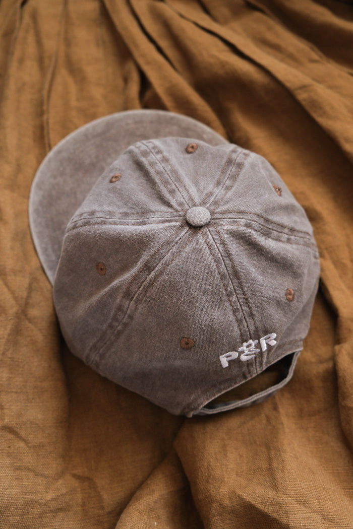Faded tan adjustable dad hat grey embroidered P&R LOGO HAT | Pipe and ...