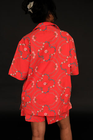 Damson Madder set table cloth embroidered button up shirt red linen floral embroidery PIPE AND ROW
