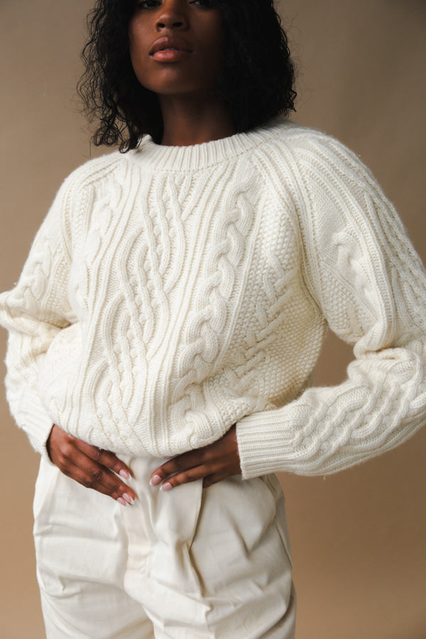 Dunst unisex thick cable knit pattern sweater raglan sleeve cream