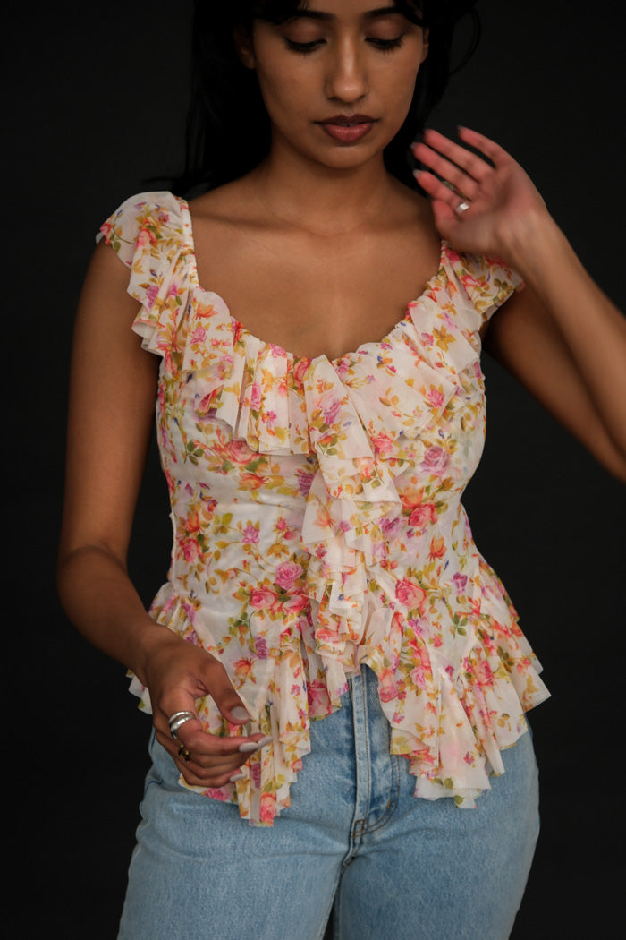 Tach Caspia layered mesh ruffle floral top V-neckline | Pipe and Row