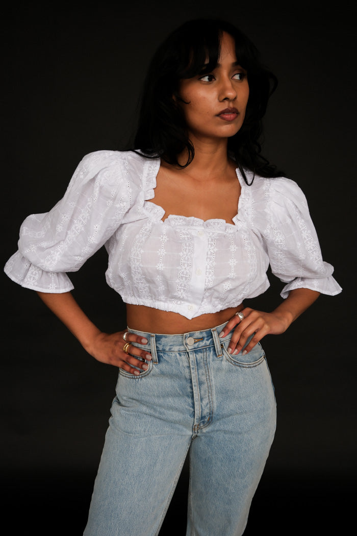 Toit Volant white eyelet cotton ruffle button up cropped top | Pipe and Row