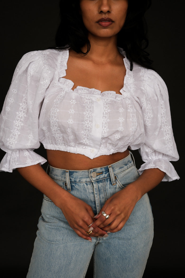 Toit Volant white eyelet cotton ruffle button up cropped top | Pipe and Row