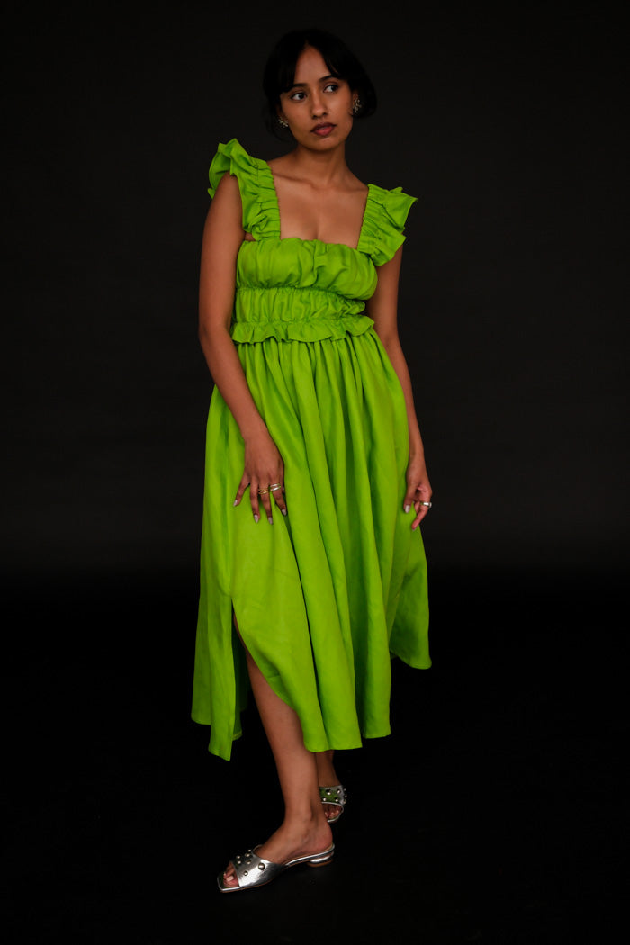 OHSEVENDAYS Elsi in vibrant lime green maxi dress ruffle | PIPE AND ROW