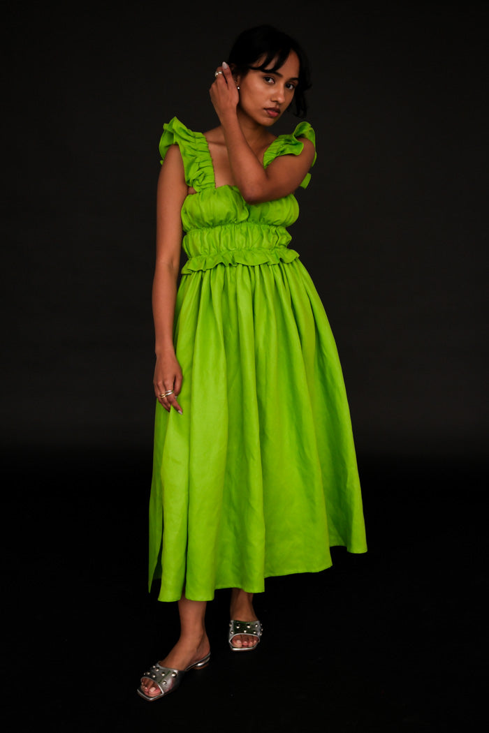 OHSEVENDAYS Elsi in vibrant lime green maxi dress ruffle | PIPE AND ROW