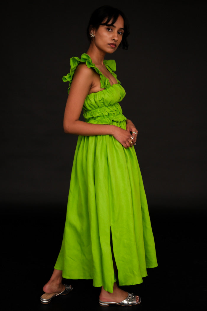 OHSEVENDAYS Elsi in vibrant lime green maxi dress ruffle | PIPE AND ROW