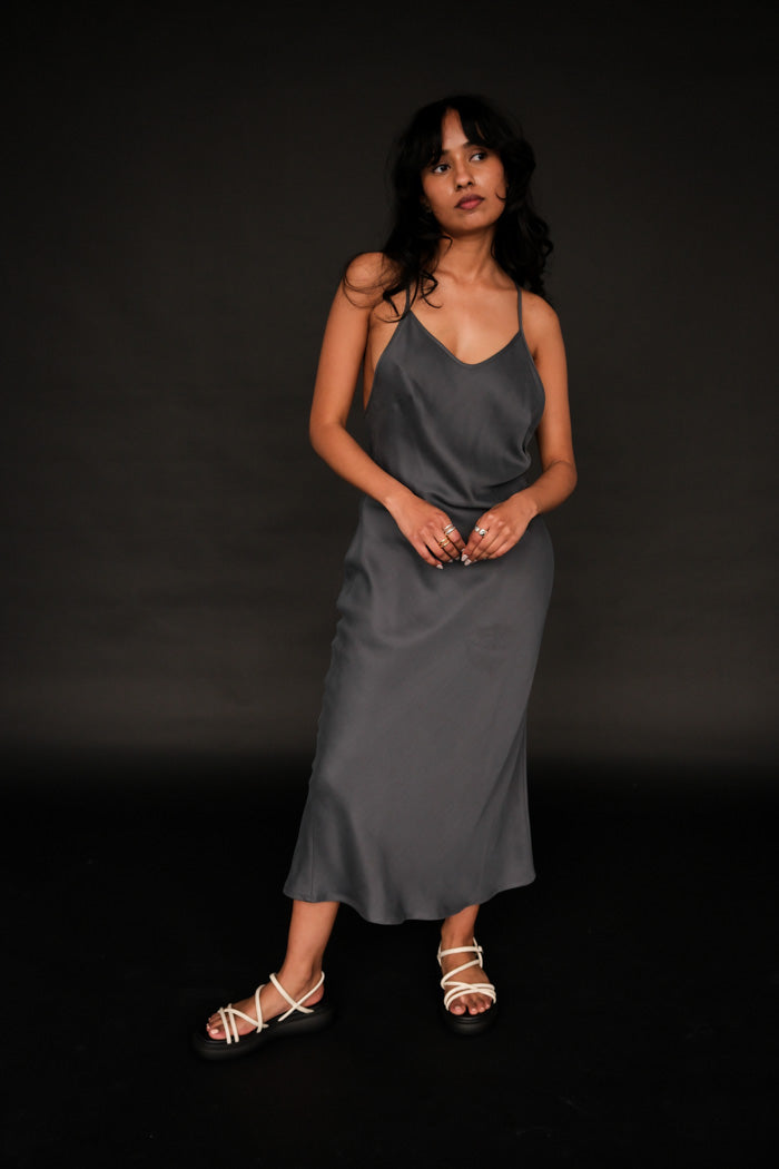 Oh Seven Days Phoebe silky slip dress charcoal blue grey | Pipe and Row