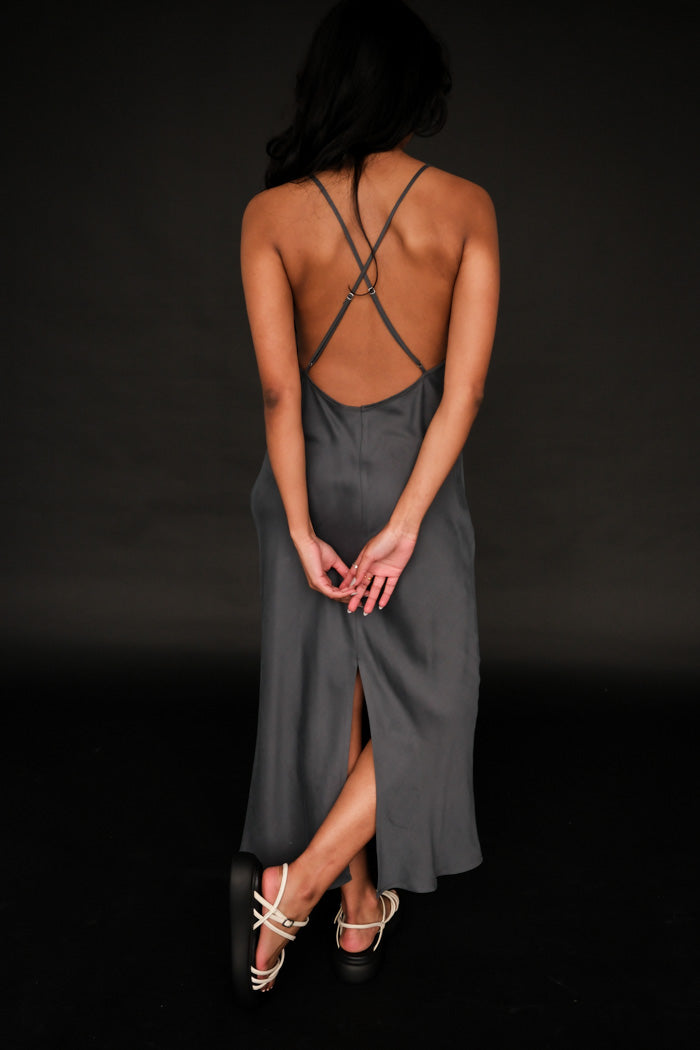 Oh Seven Days Phoebe silky slip dress charcoal blue grey | Pipe and Row
