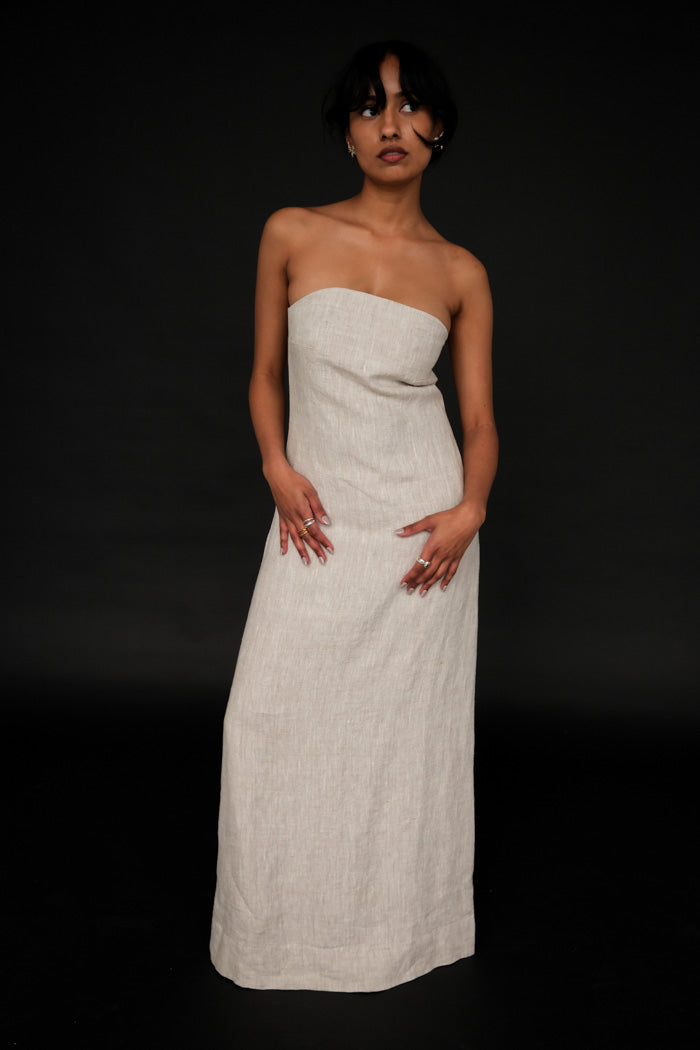 Alohas strapless Dinka natural linen maxi dress with lace up back.  R100495-01 PIPE AND ROW