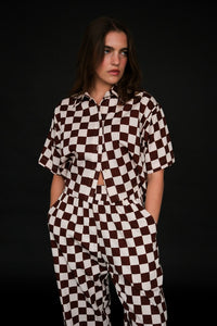 Dushyant short sleeve boxy button up hand printed chocolate chessboard print | Pipe and ROw