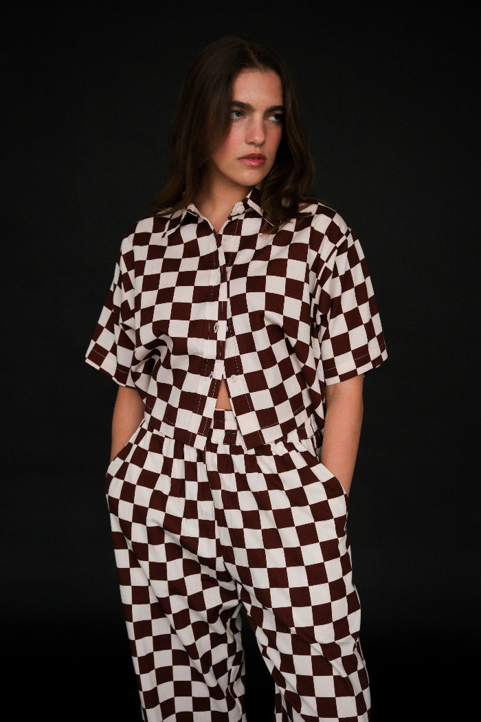 Dushyant short sleeve boxy button up hand printed chocolate chessboard print | Pipe and ROw