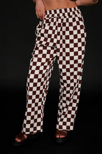 Dushyant Seema trouser pants hand printed chocolate chessboard print | Pipe and Row