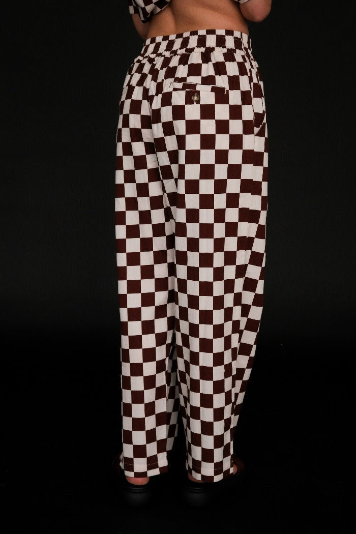 Dushyant Seema trouser pants hand printed chocolate chessboard print | Pipe and Row