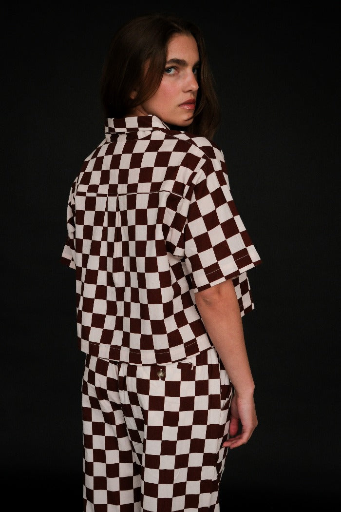 Dushyant short sleeve boxy button up hand printed chocolate chessboard print | Pipe and ROw