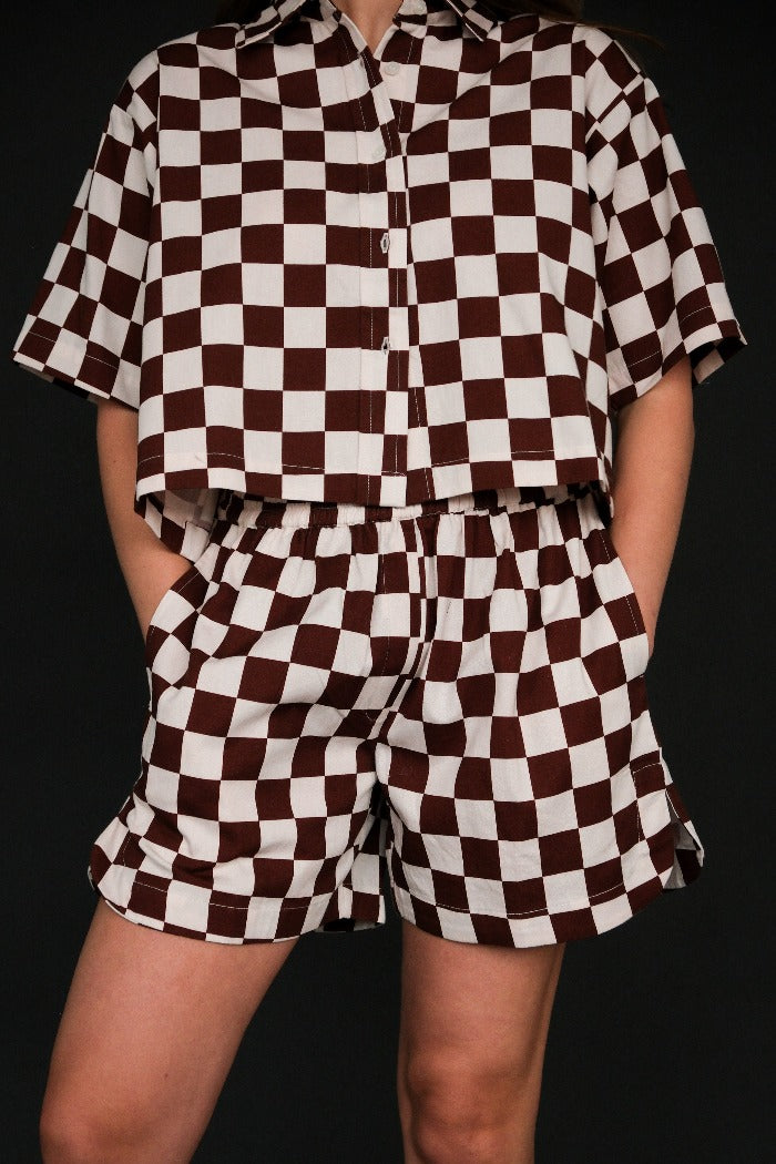 Dushyant short sleeve boxy button up hand printed chocolate chessboard print | Pipe and ROw