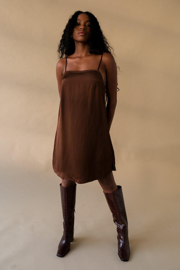 Oh Seven Days Tessa mini slip dress silky chocolate brown | Pipe and Row Seattle