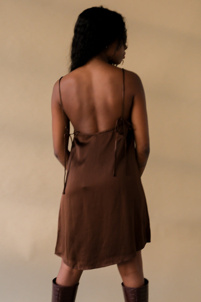 Oh Seven Days Tessa mini slip dress silky chocolate brown | Pipe and Row Seattle