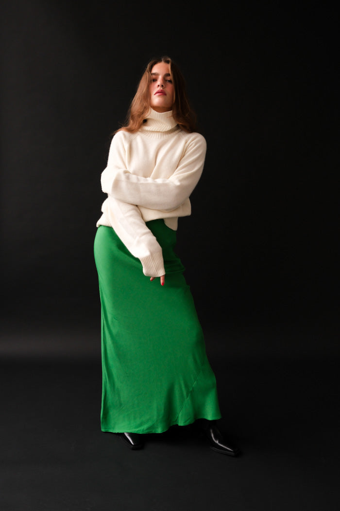 Shani kelly green bias cut 90's inspired slip skirt tube midi dress | Pipe and row