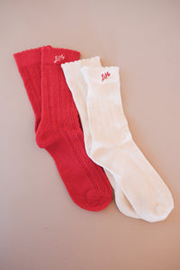 Damson Madder 2 pack pointelle sock back cream red DM embroidery. PF26-DM-3938 PIPE AND ROW