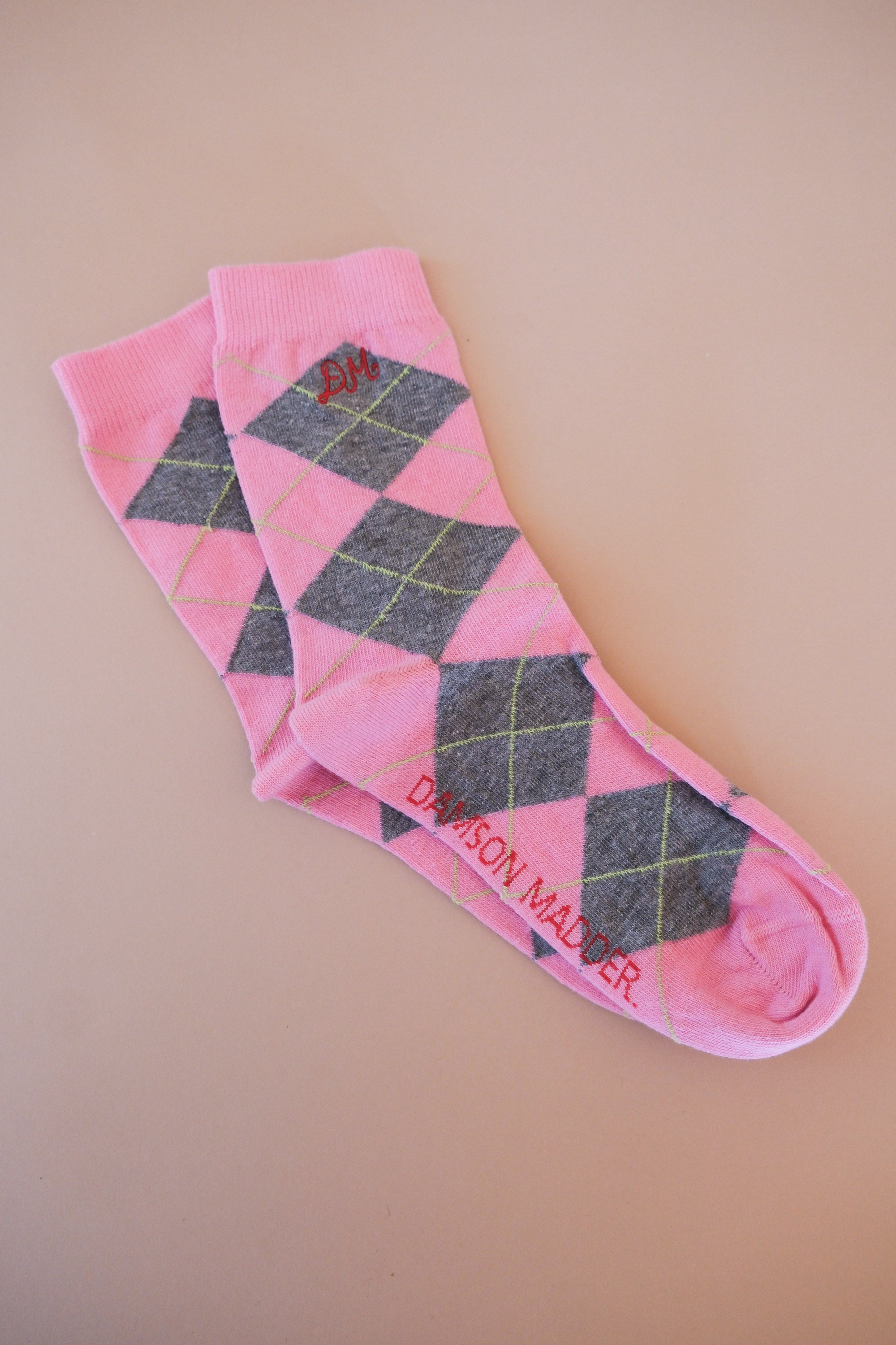 Damson Madder Argyle socks in pink and grey  PF26-DM-3937 PIPE AND ROW