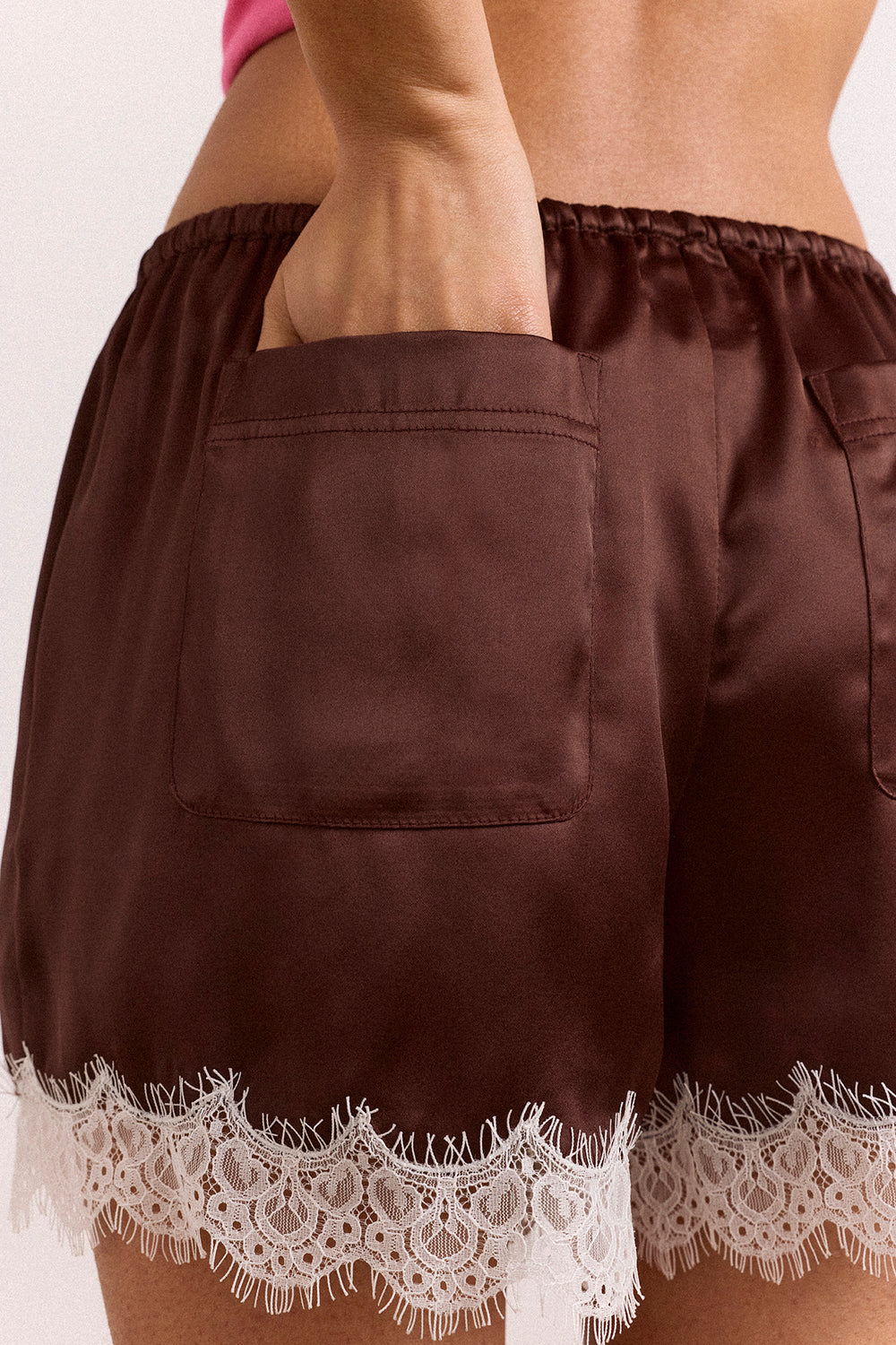 Damson Madder Charis Satin Lace Shorts chocolate brown | Pipe and Row Seattle