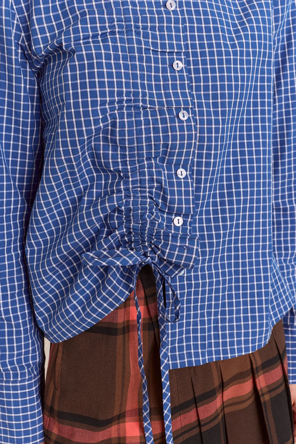 Damson Madder Talia ruched button up blouse blue check Adjustable organic PIPE AND ROW